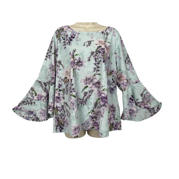 Belle by Kim Gravel Tops - Belle Kim Gravel Top Large Blue Floral Flutter Sleeve Pastel Garden Boho A307916